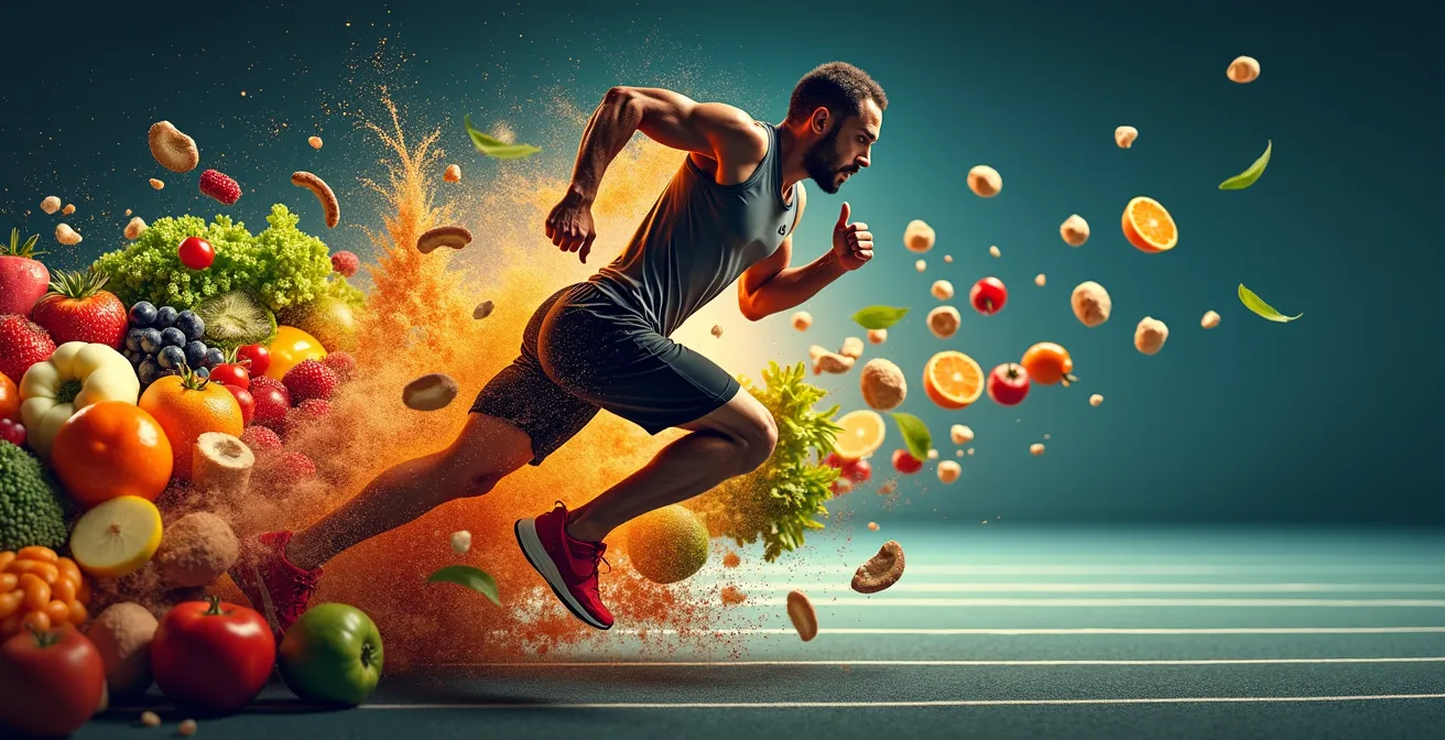 Athlète en action avec diverses disciplines sportives représentant l'optimisation nutritionnelle