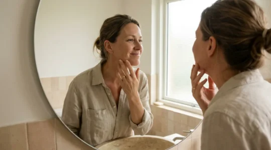 Femme de 40 ans examinant sa peau devant un miroir, routine beauté collagène marin