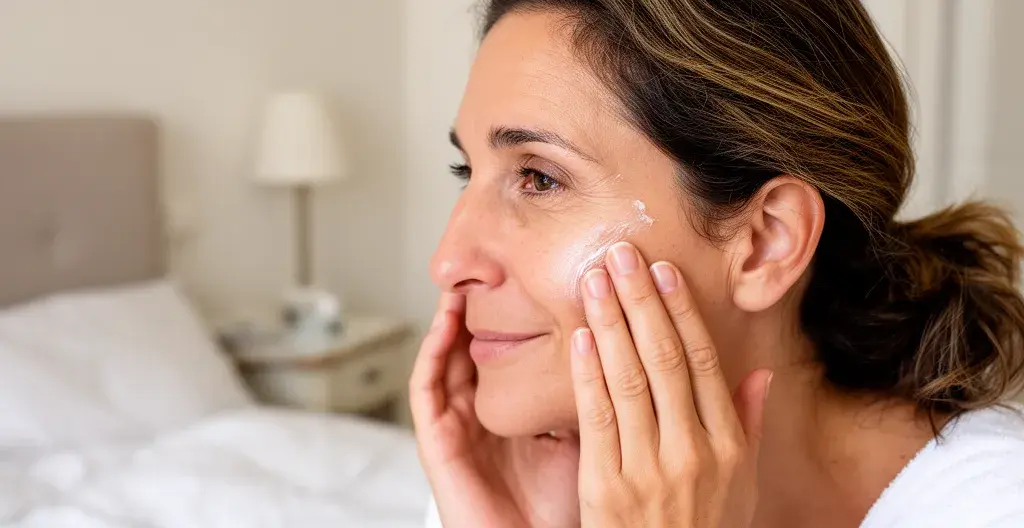 Femme appliquant sa routine beauté matinale, geste naturel soin peau