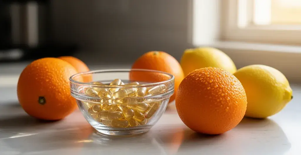 Gélules de collagène marin et agrumes sur plan de travail, synergie vitamine C